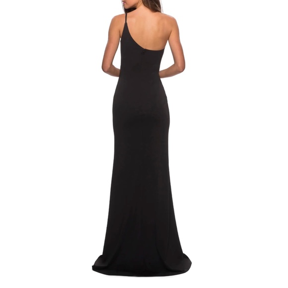 NEW $228 La Femme [ 4 ] One Shoulder‎ Jersey Gown in Black - Picture 2 of 14